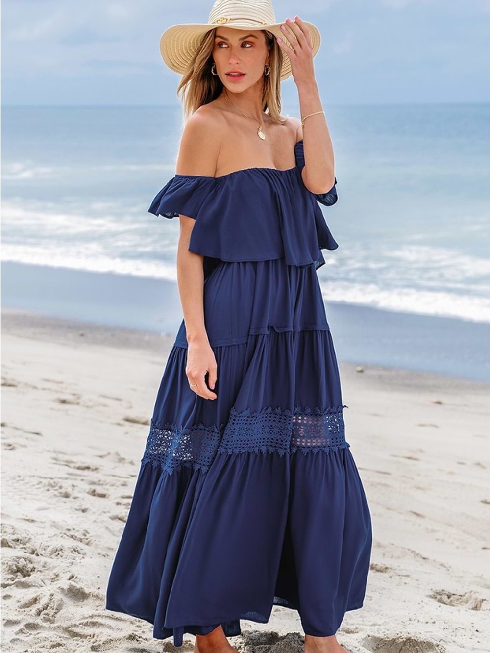 Cupshe  Rayon Lace Off-Shoulder Maxi Dress size Large NWT - Picture 3 of 10